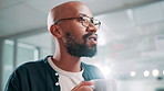 Businessman, thinking and coffee aroma in office for relax, peace and talking on break. African employee, scent or smell drink in workplace for inspiration, thoughts or computer reflection with latte