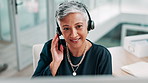 Call center, headset and mature woman on computer for debt collection, loan inquiry and follow up question. Happy consultant, communication or talk to contact for finance, banking or payment reminder