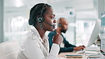 Computer, helpdesk and support with black woman in call center for assistance or feedback. Contact us, conversation and customer service with agency employee in workplace as virtual assistant