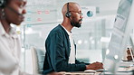 Call center, computer and black man consulting with microphone for product advice, lead generation or help. Telemarketing, consultant and headset by desk for inbound query, online sales or contact us