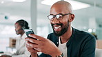 Black man, happy and phone in office for business, connectivity and social media on work brea. Consultant, laugh and mobile in agency for contact, good news and notification for leave approval