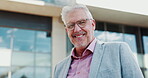 Portrait, business and man with smile in city for real estate, about us and urban development. Mature person, realtor and happy with corporate career, town infrastructure and expansion of opportunity