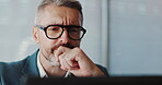 Glasses, thinking and laptop with business man in office for reflection, client portfolio and company analyst. Communication, research and idea solution with employee in agency for account manager
