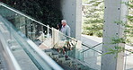 Stairs, walking and business people in city for morning commute, travelling and journey in urban town. Professional, workers and man and woman on steps for discussion, meeting and talking outdoor