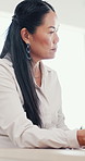 Conversation, meeting and planning with business woman in boardroom of office for discussion. Company, experience and professional management with Asian employee speaking in corporate workplace