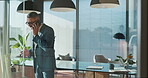 Business, man and phone call negotiation in office for investment decision, funding deal or finance feedback. Financial investor, employer and talking to client for networking, stocks insight or news