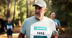 Runner, fitness and mature man in woods for exercise, marathon training and cardio workout. Group, nature and people in forest for wellness, healthy body and endurance with race or competition