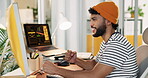 Celebrate, computer and business man excited for success with online competition, win and bonus. Male designer, technology and fist pump for internet achievement, approval or recognition for design