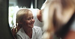 Bathroom, mother and child in mirror happy for washing hands with smile, help and teaching healthy hygiene. Reflection, mom and girl in home for morning cleaning routine, wellness and family care