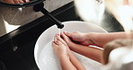 Home, parent and child with hands for cleaning, healthcare or wellness with protection from virus. Closeup, mother or kid with water for washing germs, bacteria or hygiene in bathroom sink from above