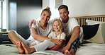 Face, home and bedroom with parents, girl and bonding together with family, relax and morning. Portrait, mother and father on bed, daughter and smile with rest, support and chilling with love