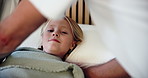 Girl, child and parent with blanket in bed for nap time, sleep or rest on pillow at home. Child, kid or daughter asleep with guardian tucked in bedroom for comfort, relax or peaceful snooze at house