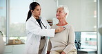 Doctor, stethoscope and senior patient with breathing for health assessment, cardiology evaluation and chest exam. Elderly woman, professional and medical tool for heartbeat monitor or clinic checkup