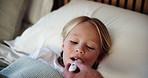 Bedroom, hand and child with thermometer for fever, check temperature and kid with illness at home. Mouth, parent support and sick girl with monitor for infection, flu and healthcare in apartment