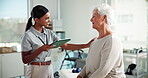 Support, senior woman and physiotherapist with tablet, rehabilitation and tracking process with tech. Hospital, talking and help for elderly patient in medical appointment, healthcare and wellness