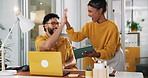 High five, business people and success in office on laptop for goal, achievement and creative teamwork. Hands together, tablet and worker celebrate design approval, excited and thank you in startup