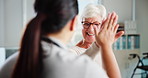 High five, doctor and old woman in office, healthcare and conversation with support, smile or treatment. Pensioner, medical advice or senior patient in hospital, hand gesture or service with feedback