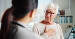 Doctor, senior woman and consultation with cough for medical checkup, lung illness and symptoms of chest pain. Elderly patient, expert and health assessment for respiratory infection and inflammation