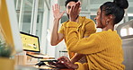 Excited, business people or high five with tablet for statistics, performance or winning at office. Happy man, woman or smile with laptop or technology for good news, review or analytics at workplace