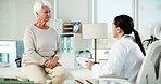 Elderly patient, doctor and consultation with notes for medical history, insurance paperwork or health assessment. Healthcare, old woman and professional with documents at clinic for diagnosis report