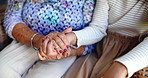 Elderly, hands and touch with sympathy for generation, trust or love and care at old age home. Closeup, senior and empathy with youth for support, assisted living or appreciation in retirement house