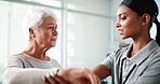 Physiotherapist, helping and stretching with senior woman for injury, recovery and medical support. Elderly patient, massage and physiotherapy of mobility treatment, rehabilitation and muscle healing