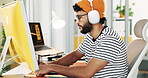 Office, businessman and computer with video call for notes, online training and creative agency. Career, male designer and smile with headphones for listening, writing information and virtual meeting