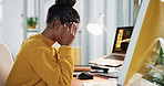 Frustrated woman, headache and computer with stress for overworked pressure, anxiety or burnout at office. Tired, female person or designer with migraine or fatigue for project deadline or mistake