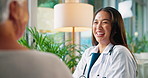 Healthcare, doctor and old woman with smile, consultation or discussion with support. Senior patient, medical advice or professional in office, joke or appointment with checkup for treatment or funny