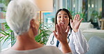 High five, doctor and old woman in office, smile and support with recovery, healing or treatment. Funny, medical advice or senior person with professional, gesture or joke with consultation or laugh