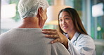 Support, doctor and old woman with help, consultation and conversation with appointment. Senior patient, medical advice and professional in office, discussion or healthcare with checkup for treatment