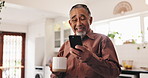 Coffee, kitchen and senior man with phone for social media, online chat and website. Home, relax and mature happy person with drink, caffeine and beverage on smartphone for connection in morning