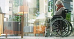 Elderly woman, patient and thinking with wheelchair for healthcare treatment, fail or bad news at clinic. Wonder, thought or dream of senior person with a disability for negative results or diagnosis