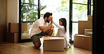 High five, box and child with father in new home, property relocation or finish packing stuffed animal. Kid, girl or dad moving with celebration for real estate goal, mortgage or smile in dream house