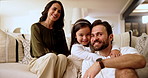 Sofa, face and parents with girl for hug, bonding together and family relationship in living room. Home, mother and father with child in portrait, connection and love embrace with happiness in lounge