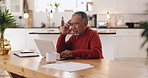 Home, laptop and old man with headache. stress and mistake with glitch, connection and savings. Debt, pensioner and elderly person with computer, migraine and bankruptcy with pressure and frustrated