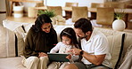 Sofa, mother and father with child for tablet, learning and education game for cognitive development. Home, mom and dad with girl for digital entertainment, streaming service and bonding together