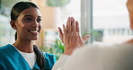 Nurse, stethoscope and high five with old woman on sofa for retirement, rehabilitation or occupational therapist. Healthcare, help and support with people in nursing home for hypertension recovery