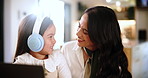 Headphones, elearning and mother with child in house for education, home school or knowledge. Happy, audio tech and mom helping girl kid with virtual class for development, bonding or online lesson.