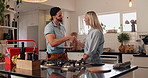 Man, plumber and handshake with customer in kitchen for home leak, water service or repair at home. Male person, woman and shaking hands with client or thank you for house fix, agreement or call out