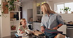 Home, mom and packing lunch for child, backpack and preparation for back to school, woman and daughter. Writing, homework and girl with notebook in morning, growth and development with education