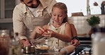 Home, hands and father with girl, baking and bonding together with ingredients, help and teaching. Parent, family and dad with daughter, recipe and learning with support, kid and cooking in kitchen