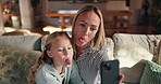 Happy mom, child or sofa with selfie for photography, bonding or picture together at home. Mother, daughter or kid with tongue out, goofy or silly faces for memory or funny capture moment at house