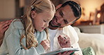 Tablet, relax and father with child in home for playing educational game together with bonding. Happy, love and dad with girl kid for online learning on app with digital technology in living room.