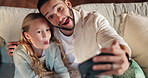 Happy dad, daughter or sofa with selfie for photography, bonding or picture together at home. Father, child or kid with smile, goofy or silly face for funny memory, capture moment or humor at house