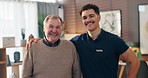 Face, caregiver and old man in retirement with happiness, elderly care or helping hand at assisted living facility. Hug, smile and people in portrait with healthcare worker and pensioner homecare