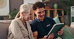 Tablet, consultation and caregiver with senior woman in nursing home for medical conversation. Digital technology, discussion and male person with elderly patient for explaining treatment in house.