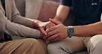Holding hands, comfort and man with mother on sofa for empathy, support or trust together. Love, compassion and male person with mom for connection, help or advice on grief at retirement home.