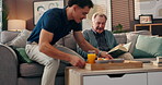 Caregiver, old man and breakfast tray with food for eating, health and wellness at retirement home. Reading book, homecare service and healthcare worker with senior person for morning meal nutrition