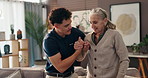 Elderly woman, caregiver or help in home with walking stick, support or care in assisted living. Nurse, holding hands or senior patient with disability for rehabilitation, physiotherapy or retirement